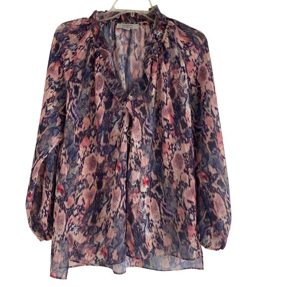 AllSaints Women’s Nylah Masala Blouse – Size 6 Snakeskin Animal Print Ruffle Top - Picture 1 of 8